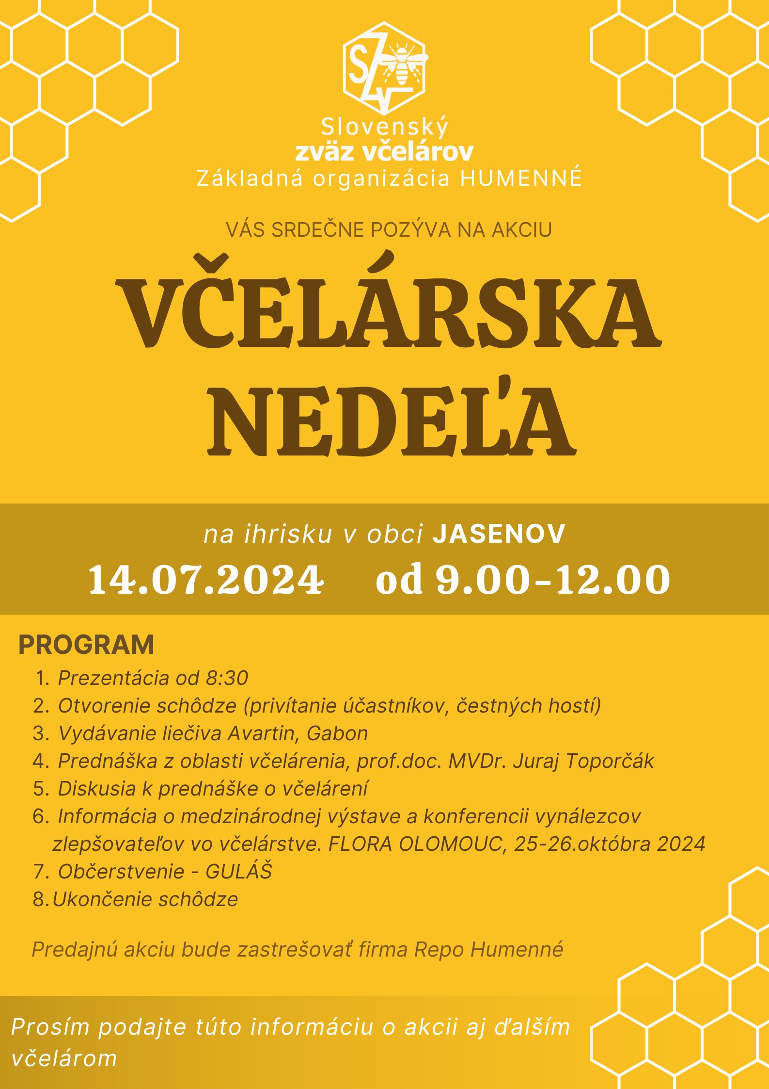 Pozvánka na Včelársku nedeľu júl 2024